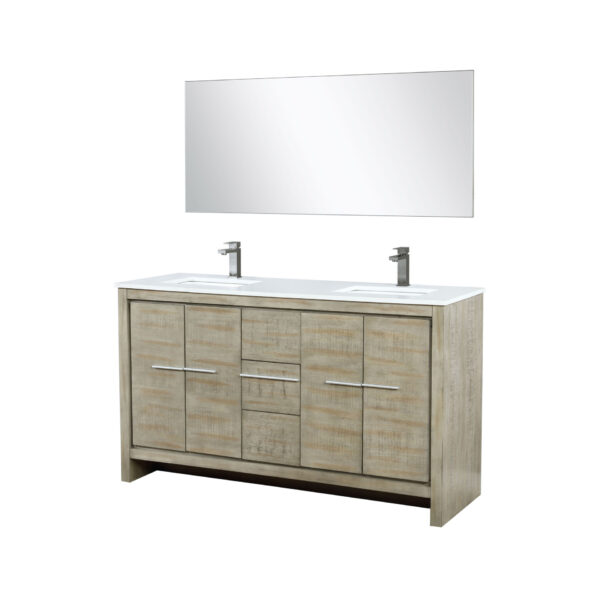 Lafarre 60W x 20D Rustic Acacia Double Bath Vanity, Cultured Marble Top, Gun Metal Faucet Set and 55Mirror