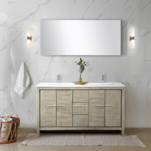 Lafarre 60W x 20D Rustic Acacia Double Bath Vanity, Cultured Marble Top and Brushed Nickel Faucet Set