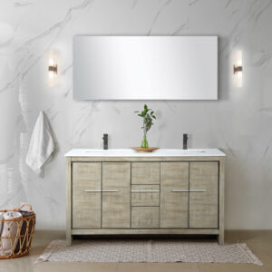 Lafarre 60W x 20D Rustic Acacia Double Bath Vanity, Cultured Marble Top and Gun Metal Faucet Set