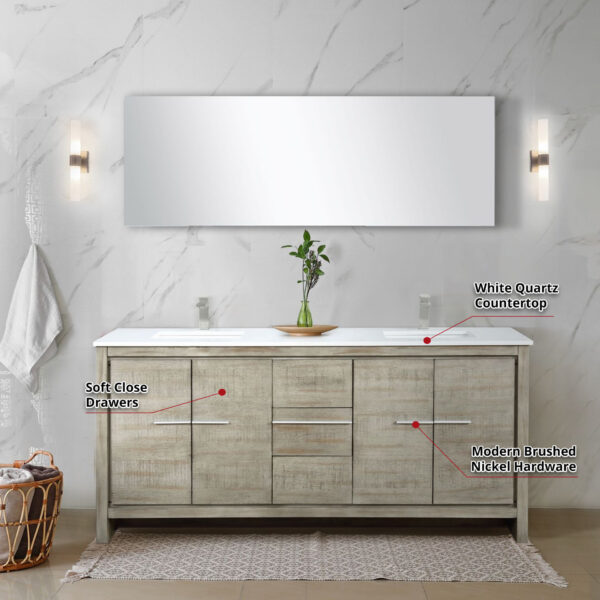 Lafarre 72W x 20D Rustic Acacia Double Bath Vanity, White Quartz Top and Brushed Nickel Faucet Set