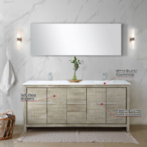 Lafarre 72W x 20D Rustic Acacia Double Bath Vanity, White Quartz Top and Gun Metal Faucet Set