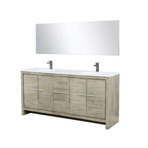 Lafarre 72W x 20D Rustic Acacia Double Bath Vanity, Cultured Marble Top, Gun Metal Faucet Set and 70Mirror