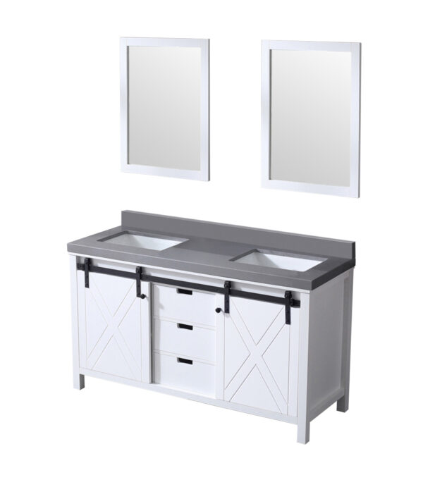 Marsyas 60W x 22D White Double Bath Vanity, Grey Quartz Countertop and 24Mirrors