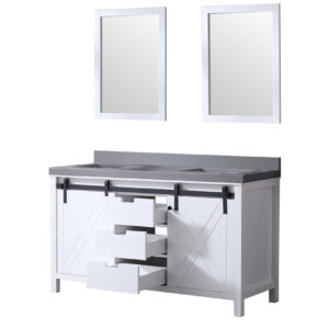 Marsyas 60W x 22D White Double Bath Vanity, Grey Quartz Countertop and 24Mirrors