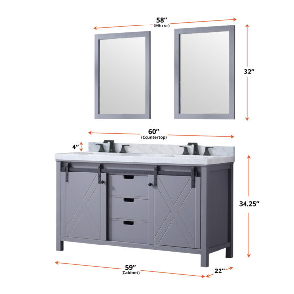 Marsyas 60W x 22D Dark Grey Double Bath Vanity and 24Mirrors