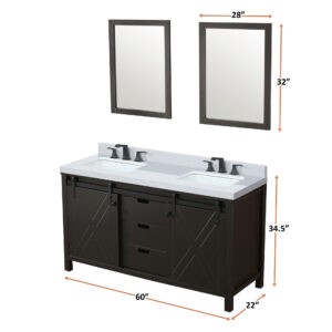 Marsyas 60W x 22D Brown Double Bath Vanity and 24Mirrors