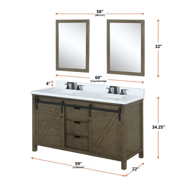 Marsyas 60W x 22D Rustic Brown Double Bath Vanity and 24Mirrors