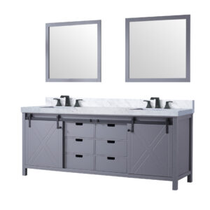 Marsyas 84W x 22D Dark Grey Double Bath Vanity, Carrara Marble Countertop, Faucet Set and 34Mirrors