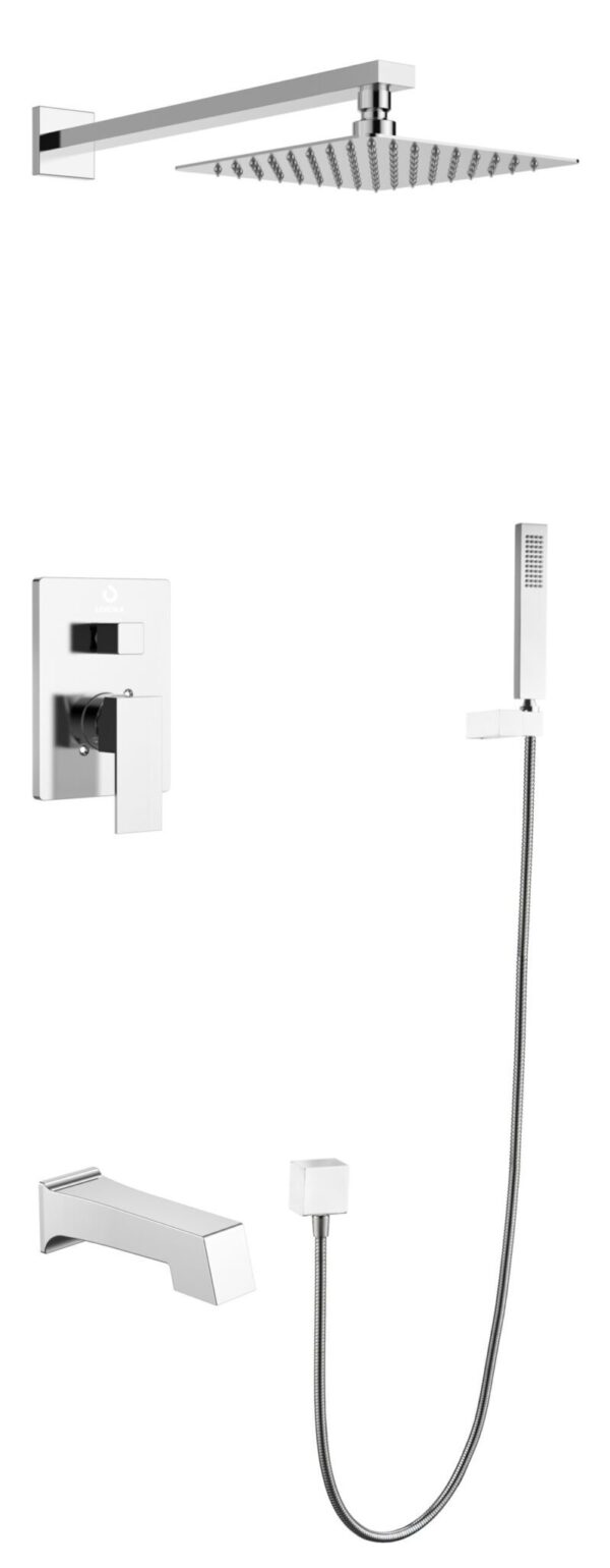 Monte Celo 1-Spray Tub and Shower Faucet Combo with Square Showerhead and Handheld Shower Wand in Chrome