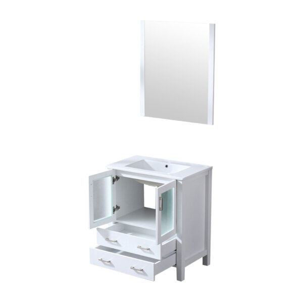 Volez 30W x 18.25D White Bath Vanity, White Ceramic Top, and 28Mirror