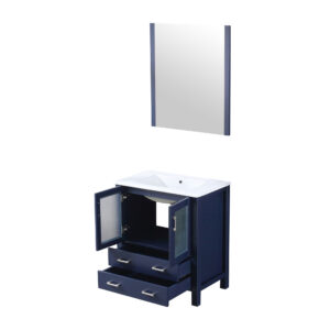 Volez 30W x 18.25D Navy Blue Bath Vanity, White Ceramic Top, and 28Mirror