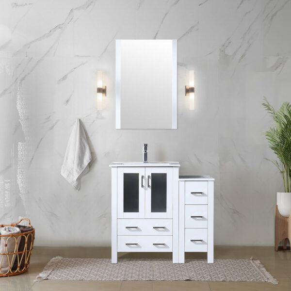 Volez 36W x 18.25D White Single Bath Vanity with Side Cabinet, and White Ceramic Top