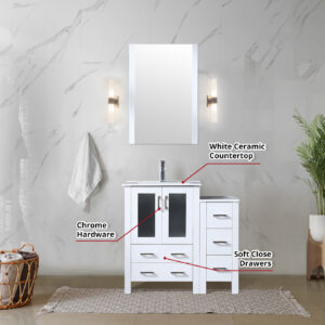 Volez 36W x 18.25D White Bath Vanity with Side Cabinet, Faucet Set, and 22Mirror