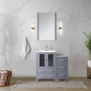 Volez 36W x 18.25D Dark Grey Single Bath Vanity with Side Cabinet, and White Ceramic Top