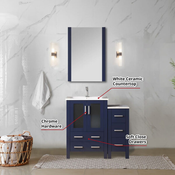 Volez 36W x 18.25D Navy Blue Bath Vanity with Side Cabinet, Faucet Set, and 22Mirror