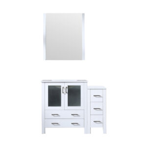 Volez 42W x 18.25D White Bath Vanity with Side Cabinet, White Ceramic Top, and 28Mirror