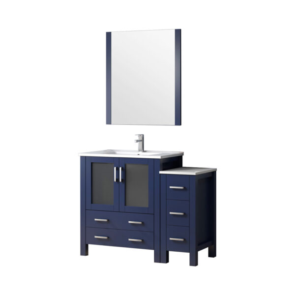 Volez 42W x 18.25D Navy Blue Bath Vanity with Side Cabinet, Faucet Set, White Ceramic Top, and 28Mirror