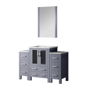 Volez 48W x 18.25D Dark Grey Bath Vanity with Side Cabinets, White Ceramic Top, and 22Mirror