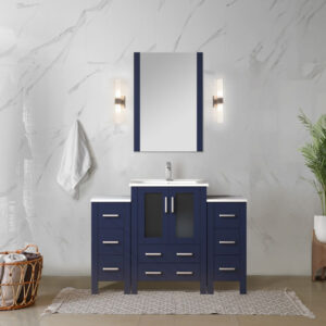 Volez 48W x 18.25D Navy Blue Single Bath Vanity with Side Cabinet, and White Ceramic Top