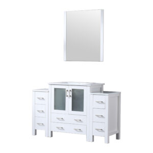 Volez 54W x 18.25D White Bath Vanity with Side Cabinets, White Ceramic Top, and 28Mirror