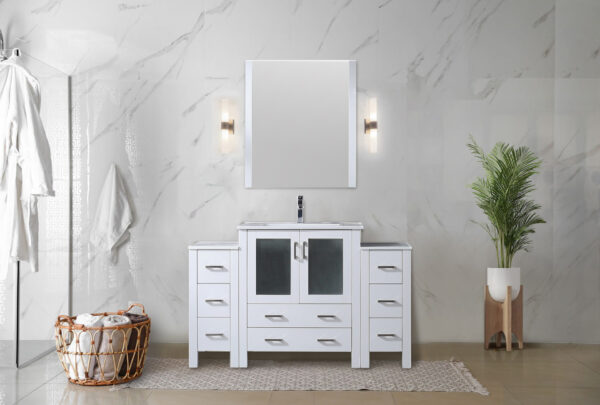 Volez 54W x 18.25D White Single Bath Vanity with Side Cabinets, and White Ceramic Top