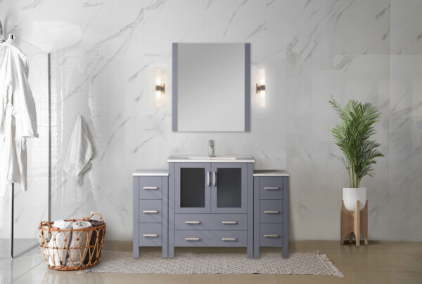 Volez 54W x 18.25D Dark Grey Single Bath Vanity with Side Cabinets, and White Ceramic Top