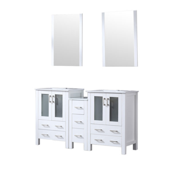 Volez 60W x 18.25D White Double Bath Vanity with Side Cabinet, White Ceramic Top, and 22Mirrors