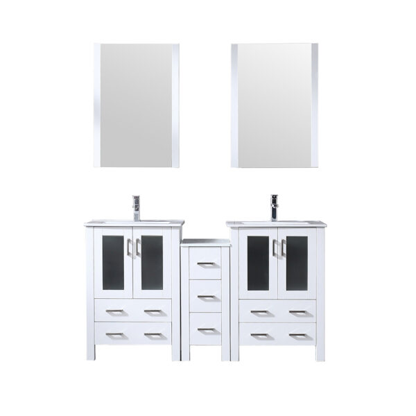 Volez 60W x 18.25D White Double Bath Vanity with Side Cabinet, Faucet Set, White Ceramic Top, and 22Mirrors