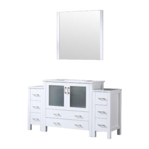 Volez 60W x 18.25D White Bath Vanity with Side Cabinets, White Ceramic Top, and 34Mirror