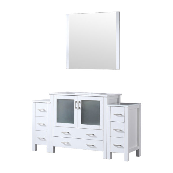 Volez 60W x 18.25D White Bath Vanity with Side Cabinets, White Ceramic Top, and 34Mirror