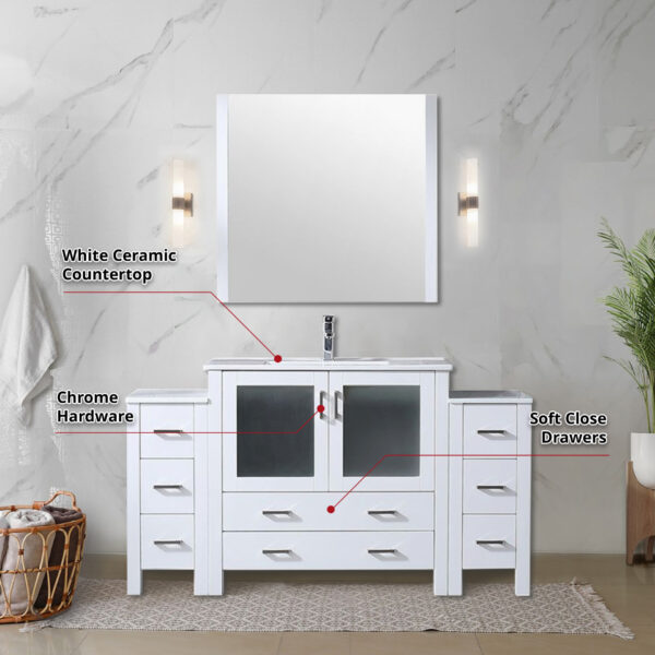 Volez 60W x 18.25D White Double Bath Vanity with Side Cabinets, and White Ceramic Top