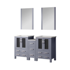 Volez 60W x 18.25D Dark Grey Double Bath Vanity with Side Cabinet, White Ceramic Top, and 22Mirrors