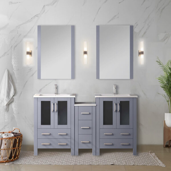 Volez 60W x 18.25D Dark Grey Double Bath Vanity with Side Cabinets, and White Ceramic Top