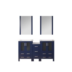 Volez 60W x 18.25D Navy Blue Double Bath Vanity with Side Cabinet, White Ceramic Top, and 22Mirrors