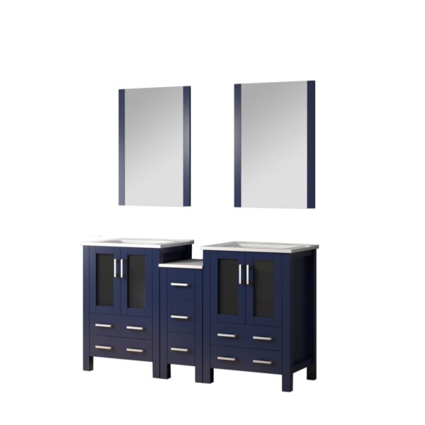 Volez 60W x 18.25D Navy Blue Double Bath Vanity with Side Cabinet, White Ceramic Top, and 22Mirrors