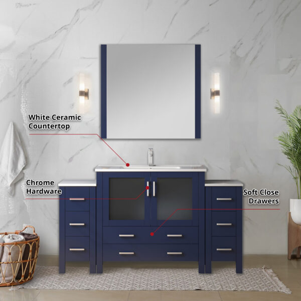 Volez 60W x 18.25D Navy Blue Bath Vanity with Side Cabinets, Faucet Set, White Ceramic Top, and 34Mirror