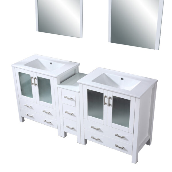 Volez 72W x 18.25D White Double Bath Vanity with Side Cabinets, White Ceramic Top, and 28Mirrors