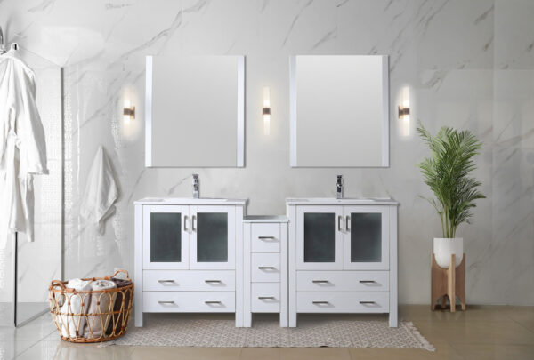 Volez 72W x 18.25D White Double Bath Vanity with Side Cabinet, and White Ceramic Top