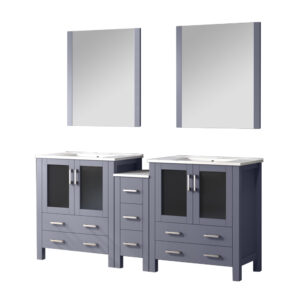 Volez 72W x 18.25D Dark Grey Double Bath Vanity with Side Cabinets, White Ceramic Top, and 28Mirrors