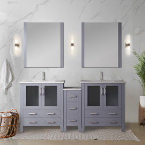 Volez 72W Dark Grey Double Bath Vanity with Side Cabinets, Faucet Set, White Ceramic Top, and 28Mirrors