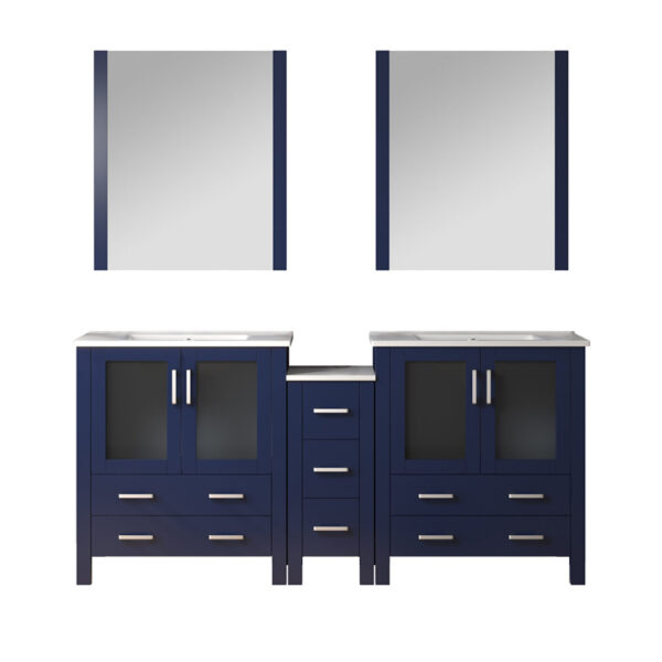 Volez 72W x 18.25D Navy Blue Double Bath Vanity with Side Cabinets, White Ceramic Top, and 28Mirrors