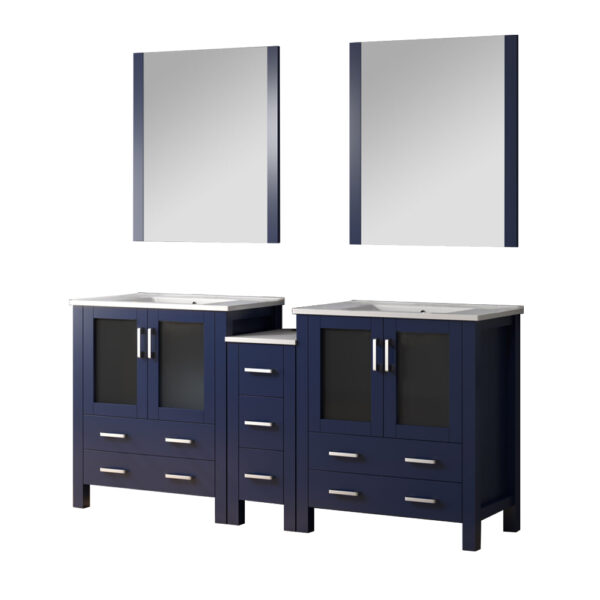 Volez 72W x 18.25D Navy Blue Double Bath Vanity with Side Cabinets, White Ceramic Top, and 28Mirrors