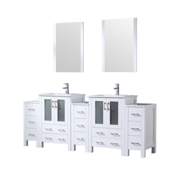 Volez 84W x 18.25D White Double Bath Vanity with Side Cabinets, Faucet Set, White Ceramic Top, and 22Mirrors