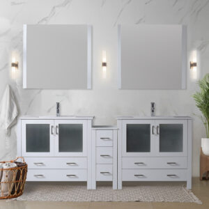 Volez 84W x 18.25D White Double Bath Vanity with Side Cabinet, and White Ceramic Top