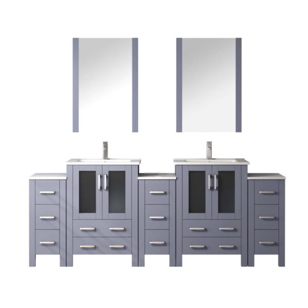 Volez 84W Dark Grey Double Bath Vanity with Side Cabinets, Faucet Set, White Ceramic Top, and 22Mirrors