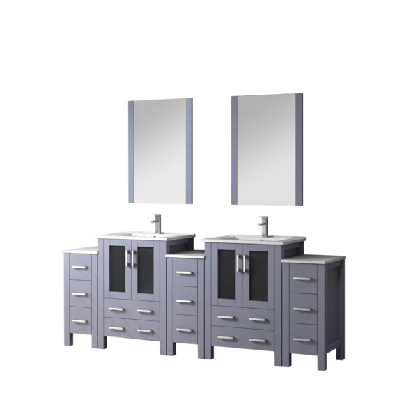 Volez 84W Dark Grey Double Bath Vanity with Side Cabinets, Faucet Set, White Ceramic Top, and 22Mirrors