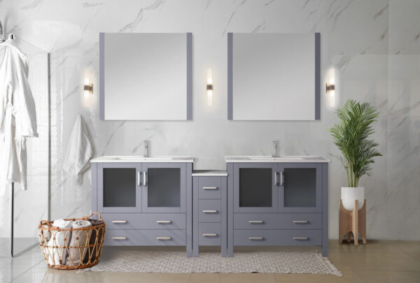 Volez 84W x 18.25D Dark Grey Double Bath Vanity with Side Cabinet, and White Ceramic Top