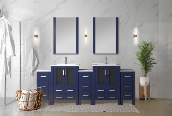 Volez 84W x 18.25D Navy Blue Double Bath Vanity with Side Cabinet, and White Ceramic Top