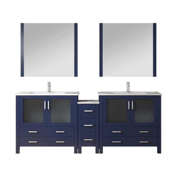 Volez 84W Navy Blue Double Bath Vanity with Side Cabinet, Faucet Set, White Ceramic Top, and 34Mirrors