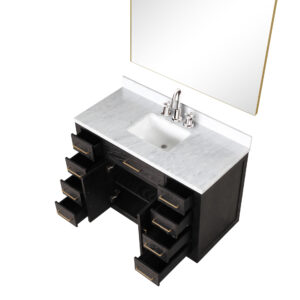 Abbey 48W x 22D Black Oak Single Bath Vanity, Carrara Marble Top, Faucet Set, and 46Mirror